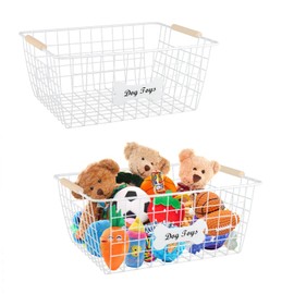 Lolytama Large Dog Toy Basket, 2packs Metal Dog Toy Basket, Iron Wire Dog Toy Bin, Puppy Toy Bin Organizer with Wooden Handle, for Puppy and Pet- Dog Toy Organizer Holder Boxes for Living Room/white