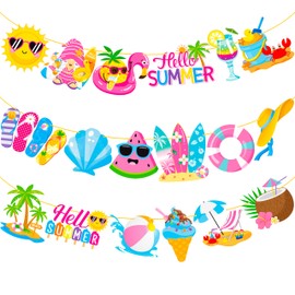 2pcs Hello Summer Party Decorations for Girls Summer Beach Pool Party Banners Pink Beach Poool Theme Banners for Pool Theme Birthday Party Hawaii Party Baby Shower Supplies