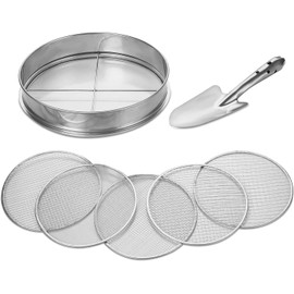 NKFOOPDU 7Pcs Stainless Steel Soil Sieve Set Garden Sieve Garden Potting Mesh Sieve Sifting Pan with 5 Interchangeable Sieve-inserts (1,3,6,9,12mm) with Spade for Soil, Weeds, Cat Litter, Compost