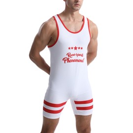 Men's Wrestling Suit Tight Sportswear One Piece Sleeveless Training Gym Weightlifting Bodysuit White Red L
