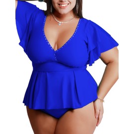 Curvagile Womens Plus Size Tankini Tops Built in Padded Push Up Bathing Suit V Neck Ruffle Sleeves Bikini Top Only 2025(Blue,3XL)