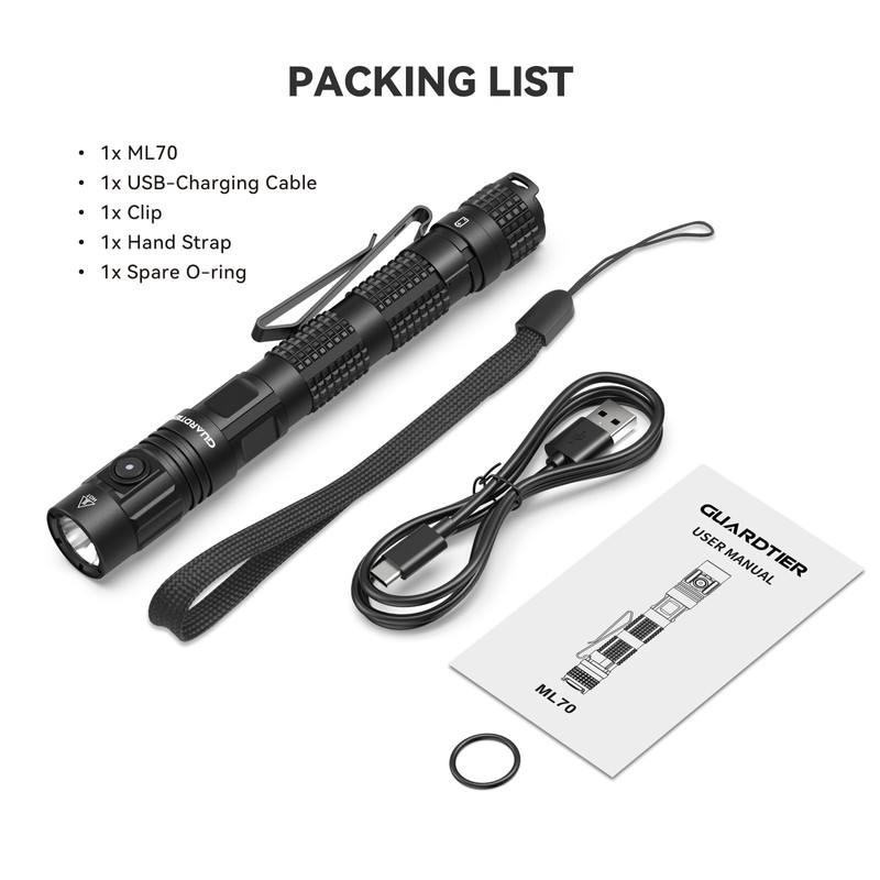 Guardtier ML70 Dual-Switch EDC 2AA Flashlight - 1500 Lumens Rechargeable