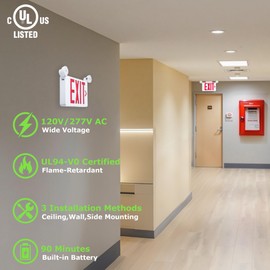 Gruenlich Red Exit Sign with Emergency Lights, 2 Adjustable LED Heads and Backup Battery, UL 924, AC 120/277V, Commercial Hardwired Exit Light for Business, 1 Pack