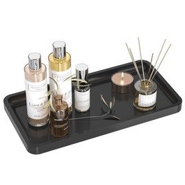 Bathroom Vanity Tray for Countertop - Bamboo Organizer Tray for Dresser Tops, Toilet, Perfume Small Decorative Wood Tray for Home Decoration 11.4” L x 6.1” W x 0.7” H (Black)