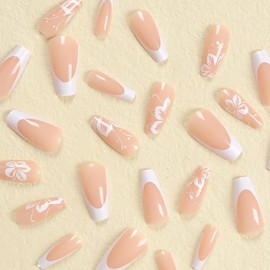 24 Pcs French Nude Press on Nails Medium Ballet - YIHONGYAN Sping Press ons Nail Glue on Nails Acrylic Nail Art Kit Fake Nails Full Cover White Flower False Nails Stick on Nails for Women Supplies
