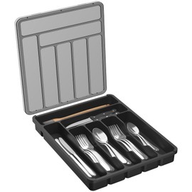 Lifewit Silverware Organizer with Lid, Covered Utensil Tray for Kitchen Drawer and Countertop, Plastic Cutlery and Flatware Storage Box for Spoons Forks Knives Holder Case, 29 x 37cm, Black