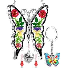 KY&BOSAM Butterfly Suncatcher with Keychains Stained Glass I Love You Mom Suncatchers Pressed Flower Wings Embedded in Glass Hanging for Windows Charm Mom Gifts for Birthday Mother`s Day Christmas