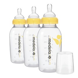 Medela | Biberones | Set de Botellas con Tetina de Flujo Medio | Edad bebé: 4-12 Meses | Contiene: 3 Botellas para Leche Materna de 8 oz / 250 ml con tapas, 1 Bolsa Esterilizadora Quick Clean