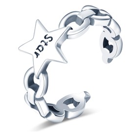 MICGIGI Women's Adjustable Ring 925 Sterling Silver Finger Ring Retro Star Design Open Ring, Silver