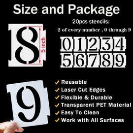 YEAJON 5 Inch Curb Stencil Kit 0-9 Address Number Stencil, 20Pcs Reusable 14 Mil Mylar Plastic Numbers Stencils for Painting on Road, Wall, Wood, Mailbox