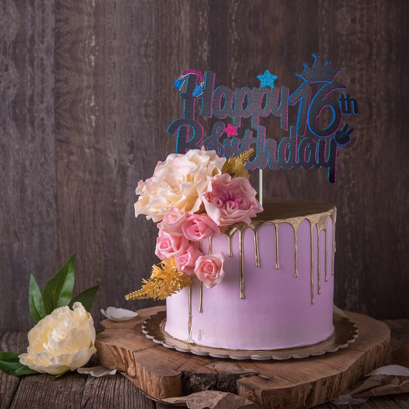 Decoración para tarta de música de 16 cumpleaños con purpurina,