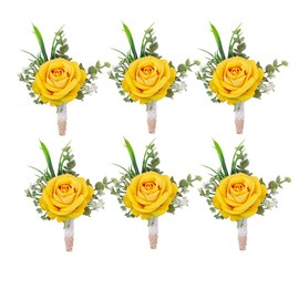 Ansofi Yellow Set of 6 Boutonniere for Best Men Groom Groomsmen Buttonholes for Wedding Party Prom Decoration