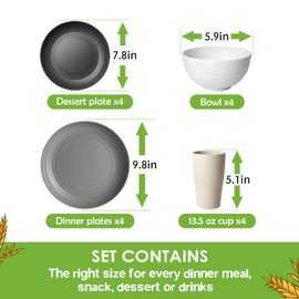 Teivio 16-Piece Kitchen Plastic Wheat Straw Dinnerware Set, Service for 4, Dinner Plates, Dessert Plate, Cereal Bowls, Cups, Unbreakable Plastic Outdoor Camping Dishes, Stone