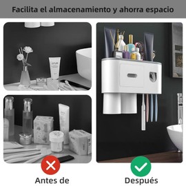 Soporte para Cepillo de Dientes,Portacepillos Pared con Dispensador Automático Pasta Dental y 2 Tazas,sin Taladrar,Organizador de Cepillos de Dientes para 4 Cepillo Dientes,Para Baño,Dormitorio(Gris)