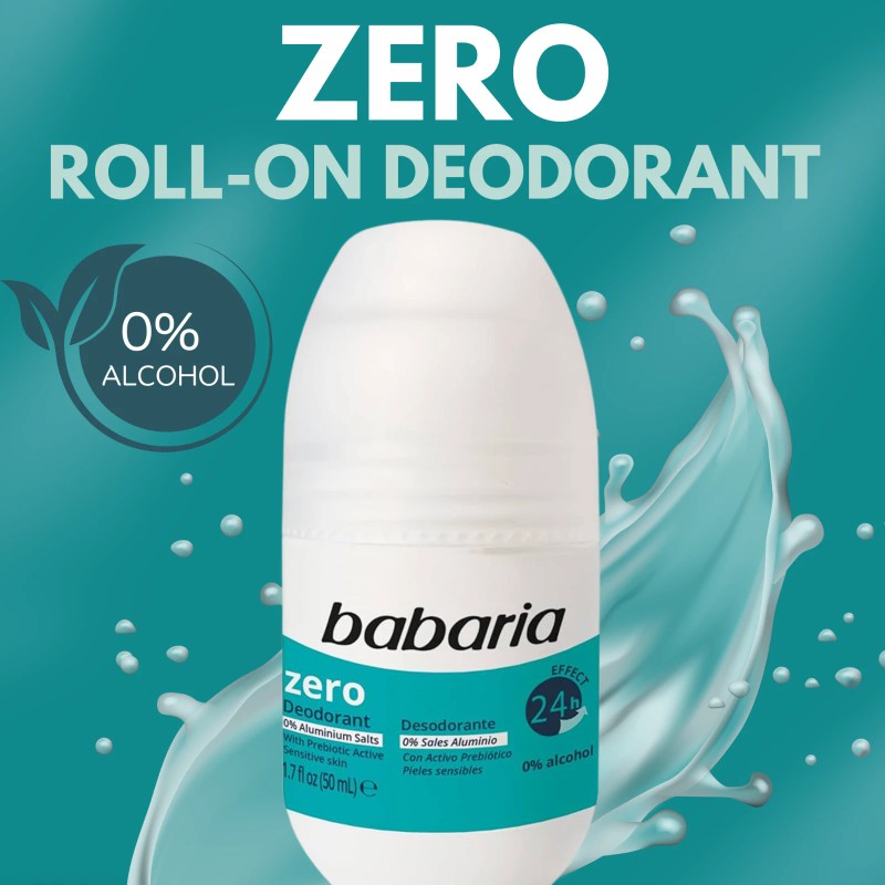 Babaria Zero Deodorant Roll-On 50ml –24h, No Salts or Alcohol,