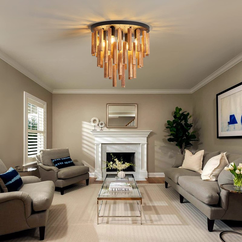 5-Light Semi Flush Mount Ceiling Light Fixture Rustic Wood Chandelier