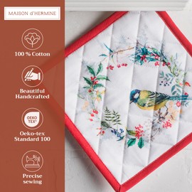 Maison d' Hermine Hot Pads 100% Cotton Pot Holders Set of 2 with Hanging Loop Potholder, Heat Resistant, Grilling & Microwave Barbeque, Morzine - Thanksgiving/Christmas (8"x8")