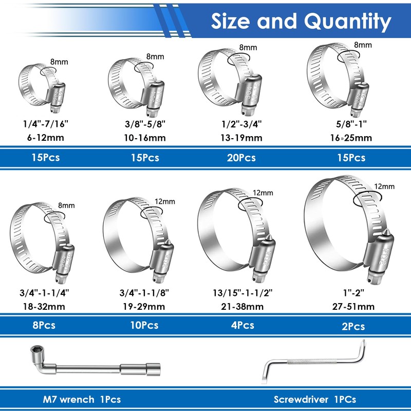 350Pcs 5.3-51mm Single Ear Hose Clamps with Worm Gear Hose