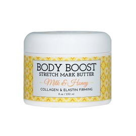 Body Boost Milk & Honey Stretch Mark Mantequilla 8 oz - Tratamiento de estrías y cicatrices - Seguro para el embarazo y la lactancia, libre de alérgenos