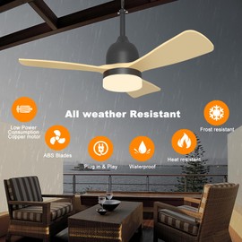 Bsteciar 36" Ceiling Fans with Lights, Remote Control + APP Dual Control, LED Fan Light Hanging with Hook, 6-Speed Settings + Dimmable & Noiseless, IP44 Waterproof for Patio Gazebo Garage Kitchen