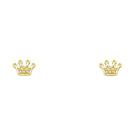 14k REAL Yellow Gold Crown Stud Earrings with Screw Back, 14K Gold, Cubic Zirconia