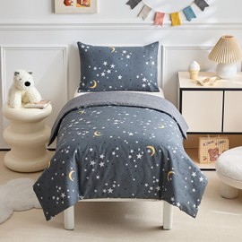 DuShow Cotton Cot Bed Duvet Cover Set,Gray Moon Toddler Duvet And Pillow Set For Boys,Reversible Junior Toddler Bedding Set Moon-120 x 150 cm