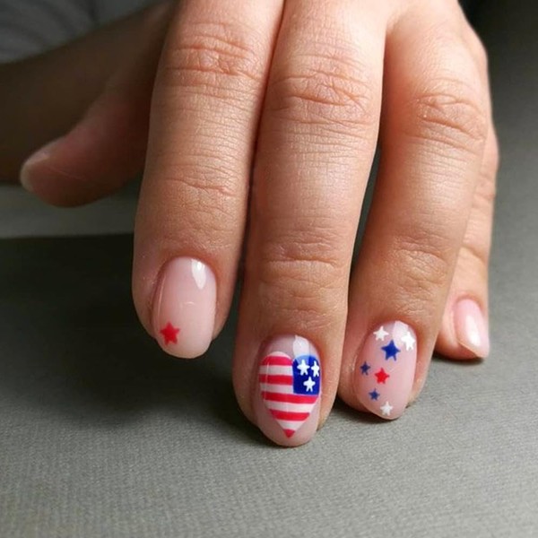 American Flag Heart Press on Nails Short Almond Independence Day