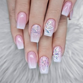 24pcs Coffin False Nails Medium Length Ballerina Stick Press on Nails Glitter Pink White Ombre Fake Nails Removable Glue-on Acrylic Full Cover Nails Women Girls Nail Art Accessories