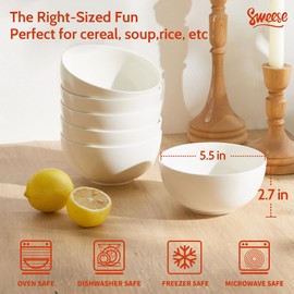 Sweese Porcelain Bowls Set of 6, 20oz Lightweight Round Cereal Bowls Set - Dishwasher, Microwave, Oven Safe, Scratch Resistant, Kitchen Serving Dishes - White