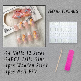 ROFIBUT Flower Press on Nails Medium Almond Shape Fake Nails White French Tip Acrylic False Nails Glossy Colorful Flowers Full Cover Glue on Nails Reusable Nude Stick on Nails for Women Girls 24Pcs
