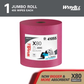 WypAll PowerClean X80 Cloths Heavy Duty Wipes (41055), Jumbo, Extended Use Towels, Red (1 Roll of 455 Sheets, 455 Sheet Total)