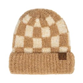 C.C Unisex Warm Soft Recycled Yarn Skully Beanie, Checkered Beige/Camel