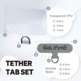 Golifyne 2 Pack Universal Phone Tether Tab Set, Phone Strap Replacement Part w/Anti-Slip Transparent TPU & Grey Nylon Material, Cell Phone Patch Compatible with Most Lanyards, Wrist Straps (Grey)