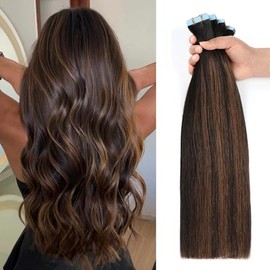JESSBO Tape in Hair Extensions Human Hair Straight Natural Black to Chestnut Brown 14 inch 20pcs 40g/pack Remy Human Hair Seamless Skin Weft Full Thick Ends (14 Inch #P1B/6/T1B)