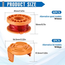 JAMSSOW Pack of 6 Replacement Spool Grass Trimmer Spool Compatible with Worx WA0010 WA0004, Trimmer Thread Spool for Worx WG151 WG154 WG155 WG160 WG163 WG175 WG180, Replacement Spool Cap WA6531 (6