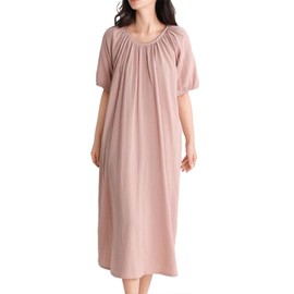 TiCitrus Women's Room Dress, Pajamas, 100% Cotton, Double Gauze, Skin-friendly, Short Sleeve, Long Length, For Spring, Summer, Autumn, Nightgown, One-piece Pajamas, Room Wear, Cute, Pink, M
