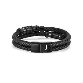 TOLOWOBK Mens Bracelets Leather Bracelet for Men Engraved A-Z Initial, Double Layer Genuine Leather Bracelets with Black Magnetic Clasp, Fathers Day Birthday Gifts for Dad Son Husband Grandad