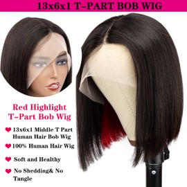 Lovenea Red Highlight Lace Front Wig Human Hair 13x6x1 Lace Front Human Hair Bob Wig 12 inch 150% Density Ombre Short Straight Bob Lace Frontal Wigs Peekaboo Wig Human Hair (12 Inch, Red)