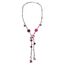 AeraVida Chic Multi Pink Daisy Floral Mix Stone Genuine Leather Lariat Wrap Necklace | Lariat Necklace | Floral Wrap Necklace | Leather Wrap Necklace