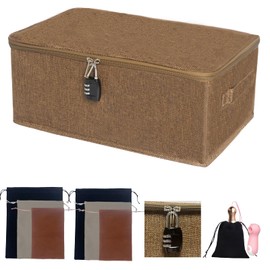 Lockable Adult Toy Storage Organizer Lock Box Toy bags container case with 6 Drawstring Bags 3 Sizes, Large capacity 15 x 10 x 6.3 Inches (Dark Brown)