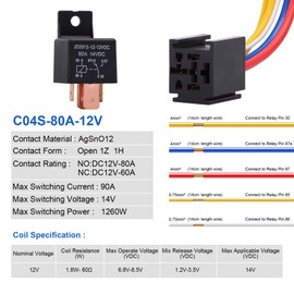 Ehdis 5 Pack Car Relay 12V 80 APM 5 Pin, Changeover Relay with Socket Holder for Truck, Motor, Heavy Duty On/Off Normally Open SPDT Relay Socket Plug 5 Wire