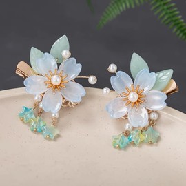 Vintage Light Blue Flower Hair Clips, A Pair of Sakura Decorative Hair Clips Tassel Pearl Barrettes, Wedding Hair Pins Hair Accessories for Women Girls Bride Bridesmaid