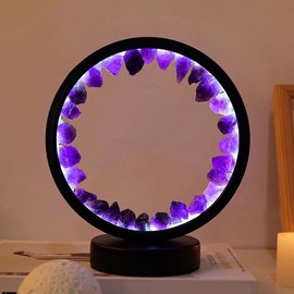Lsunny Natural Crystal Lamp, Three Light Modes, Adjustable Brightness, USB Powered (Black Round Dark Amethyst)