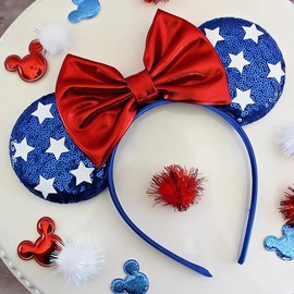 4th of July Headband Mouse Ear Bow Hair Bands Independence Day Headwear Star with Blue Sequins Design Hair Hoop Princess Head Boppers Fourth of July Hair Accessories for Parade Party Supplies Decor