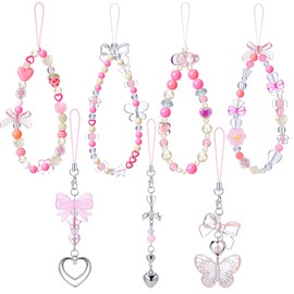 Relaxweex 7 pieces Mobile Phone Charms Cute Beaded Phone Lanyard Wrist Strap Aesthetic Y2K Cell Phone Keychain Heart Butterfly Candy Phone Charm for Women Girls Phone Car Key Purse Decoration