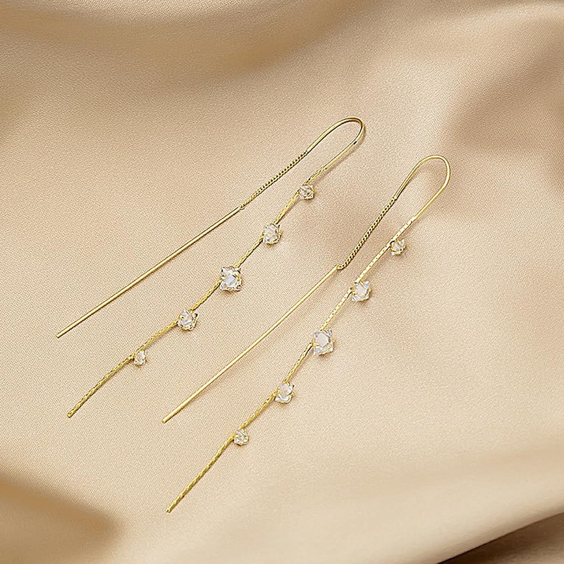 Long Chain Rhinestone Threader Earrings for Women Sparkling Silver Plated
