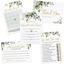 Printed Party Virtual Bridal Shower by Mail, Greenery Eucalyptus, Set of 5 Double-Sided Invitations, Games, Activities and Thank You Cards