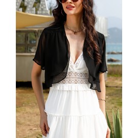 Aottori Women's Chiffon Bolero Festive 3/4 Sleeve Elegant Shrug Top Short Cardigan Open Front Casual Bolero Jacket Shoulder Jacket, black