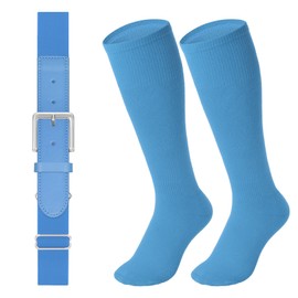 LEACOOLKEY Baseball Belt and Socks Combo Set Softball Socks and Elastic Belt for Adult Men Women Columbia Blue