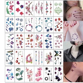 tuzuru 30 Pcs Cute Flower Butterfly Whale Waterproof Tattoo Stickers with Bonus
